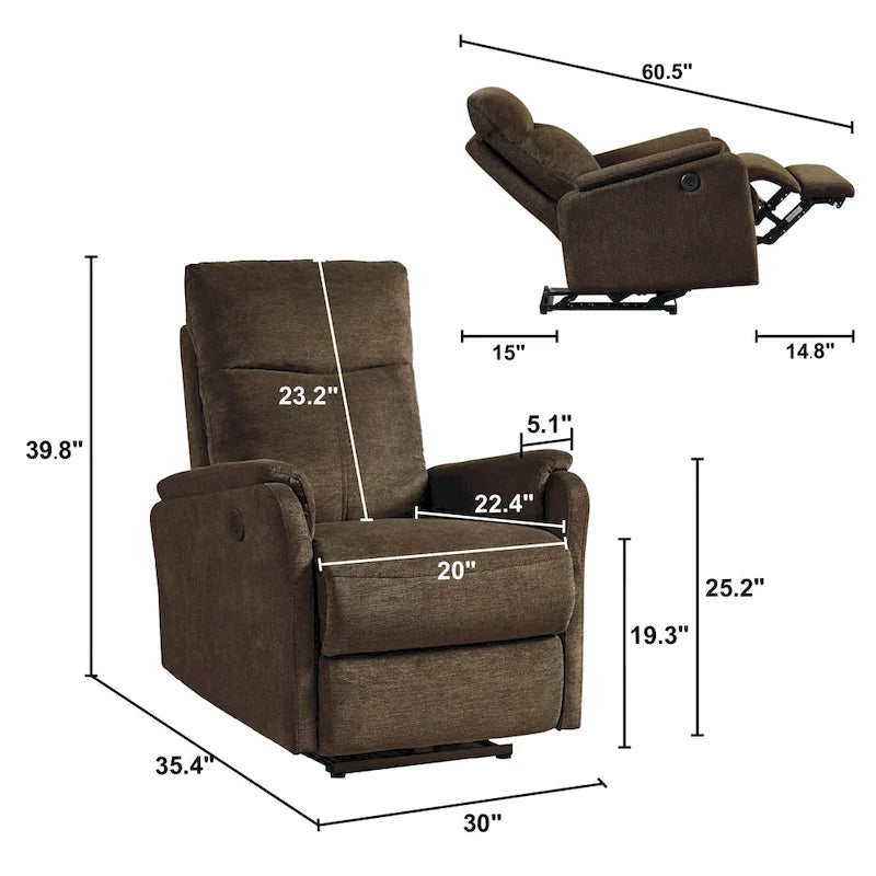 Power Recliner Chair with USB Charging Port and Fabric Upholstery