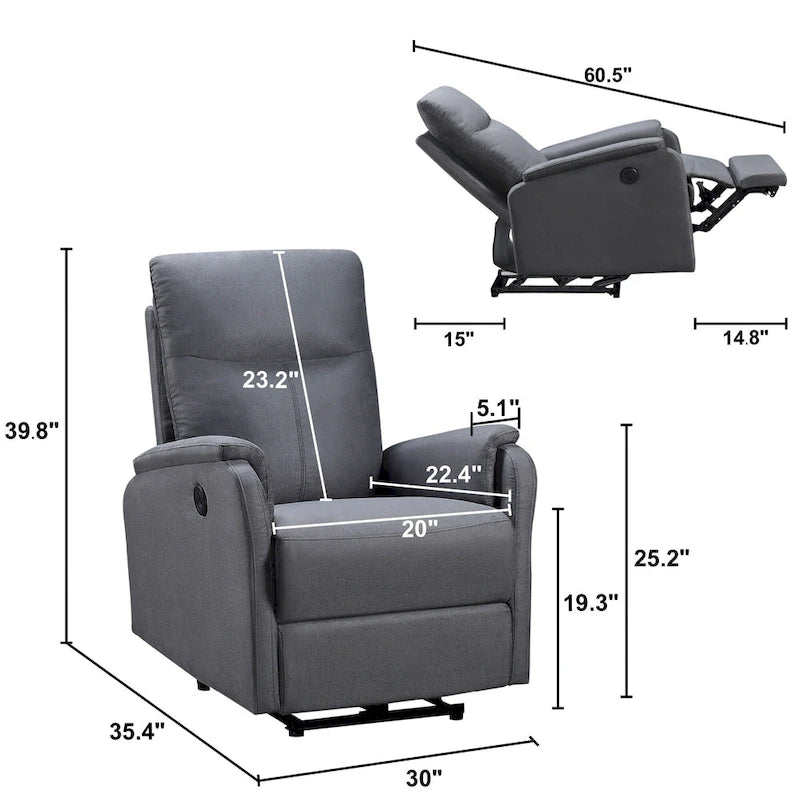 Power Recliner Chair with USB Charging Port and Fabric Upholstery