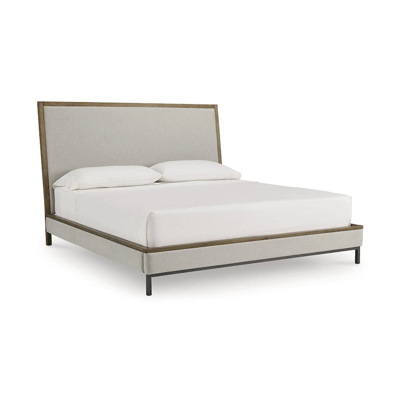 Beige Polyester Upholstered Platform Bed with Gunmetal Gray Metal Legs