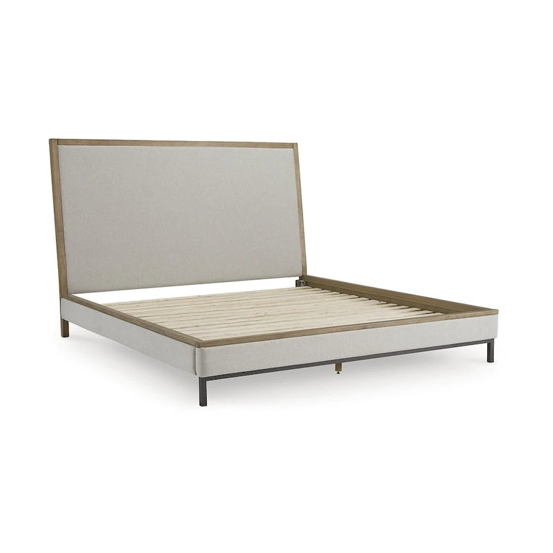 Beige Polyester Upholstered Platform Bed with Gunmetal Gray Metal Legs