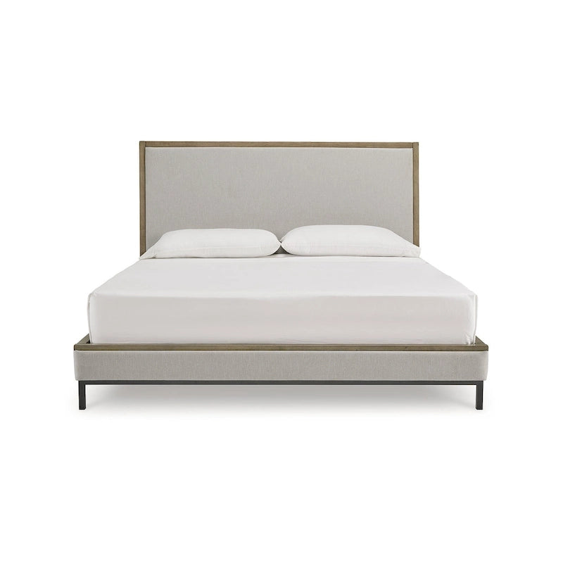 Beige Polyester Upholstered Platform Bed with Gunmetal Gray Metal Legs