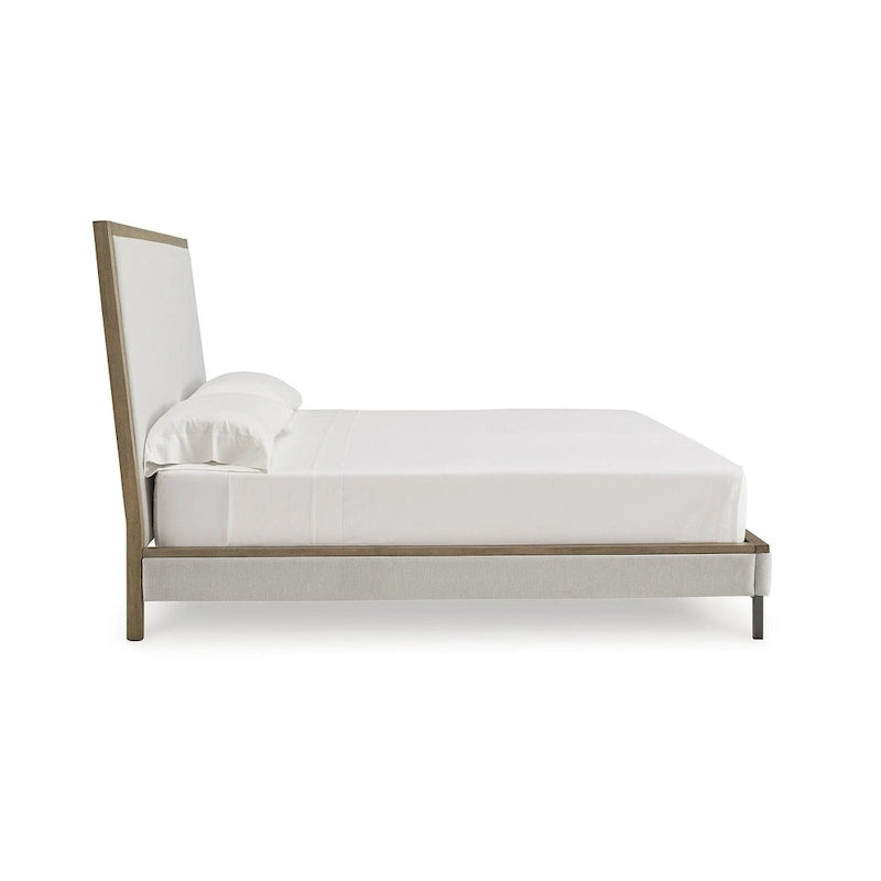 Beige Polyester Upholstered Platform Bed with Gunmetal Gray Metal Legs