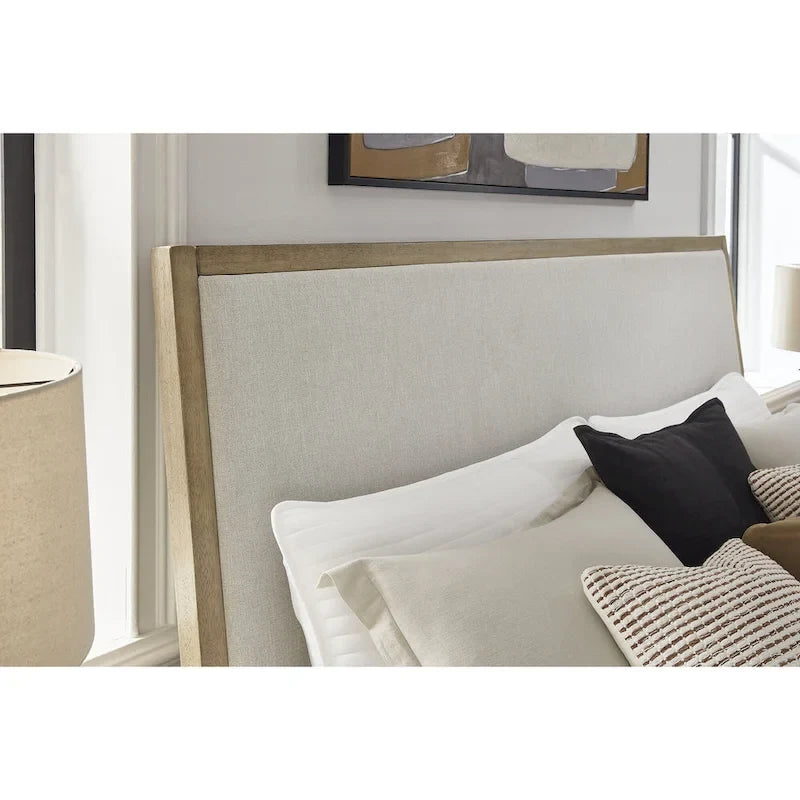 Beige Polyester Upholstered Platform Bed with Gunmetal Gray Metal Legs