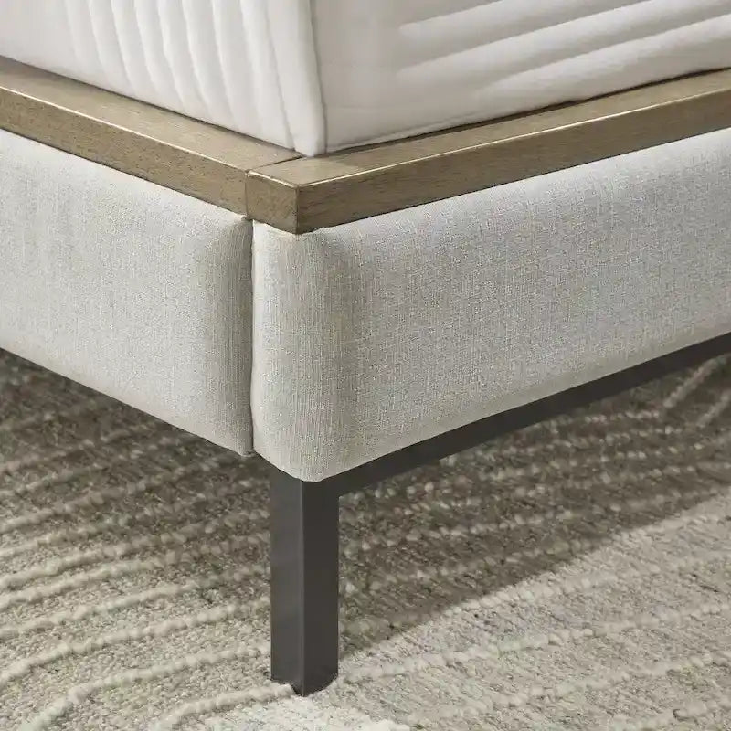 Beige Polyester Upholstered Platform Bed with Gunmetal Gray Metal Legs