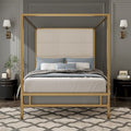 Metal 4-Poster Bed Frame Modern Canopy Upholstered Bed with Tall Upholstered Headboard