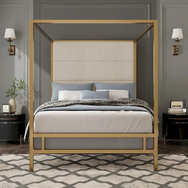 Metal 4-Poster Bed Frame Modern Canopy Upholstered Bed with Tall Upholstered Headboard
