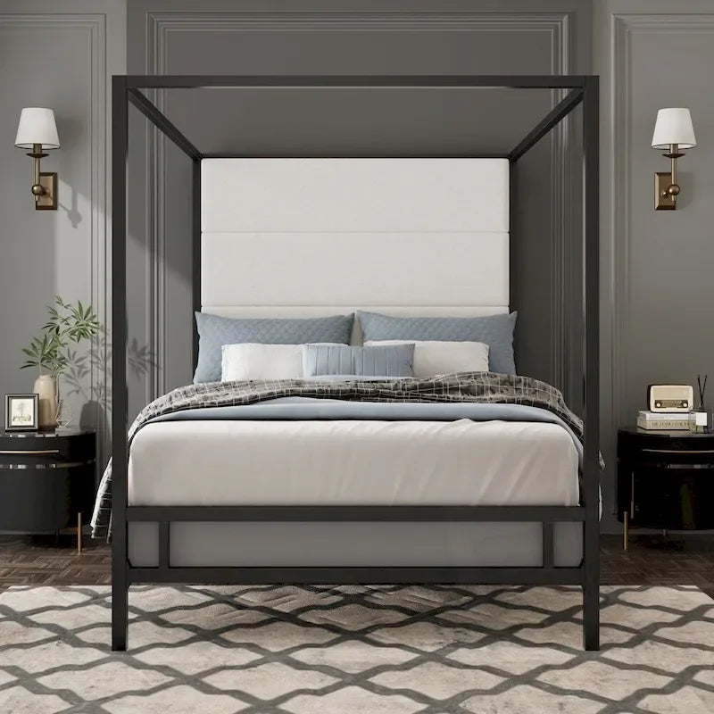 Modern Gold & Black Metal Canopy Bed Tall Upholstered Linen Headboard