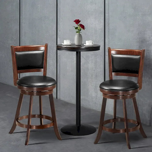 24" Swivel Counter Stool with Rubber Wood Frame and Black PVC Cushioned Seat