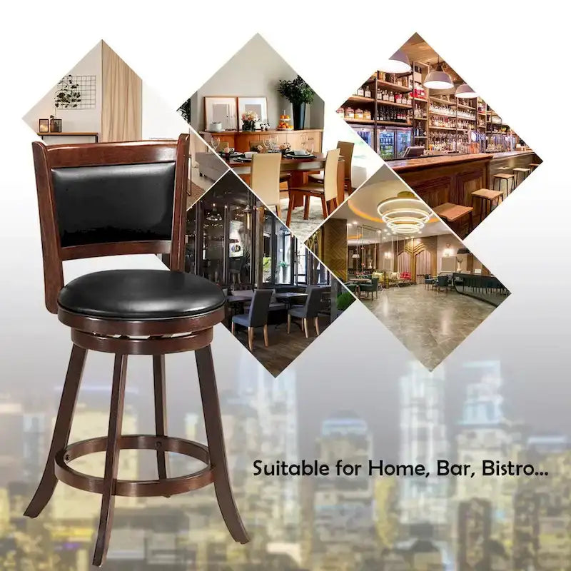 24" Swivel Counter Stool with Rubber Wood Frame and Black PVC Cushioned Seat