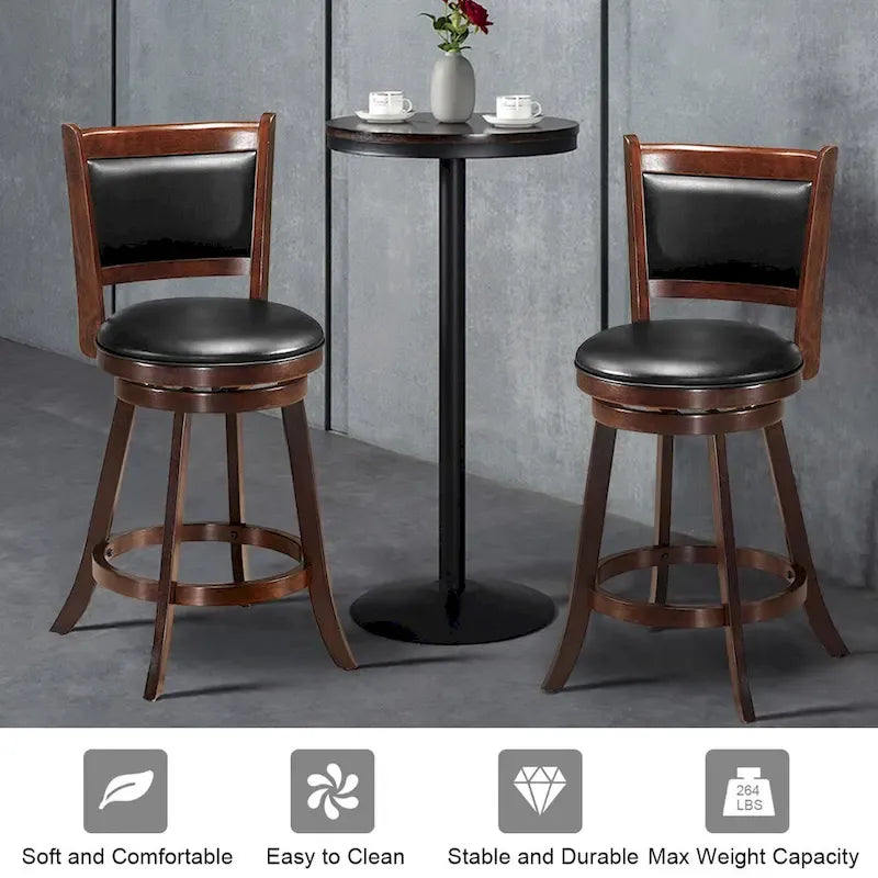 24" Swivel Counter Stool with Rubber Wood Frame and Black PVC Cushioned Seat