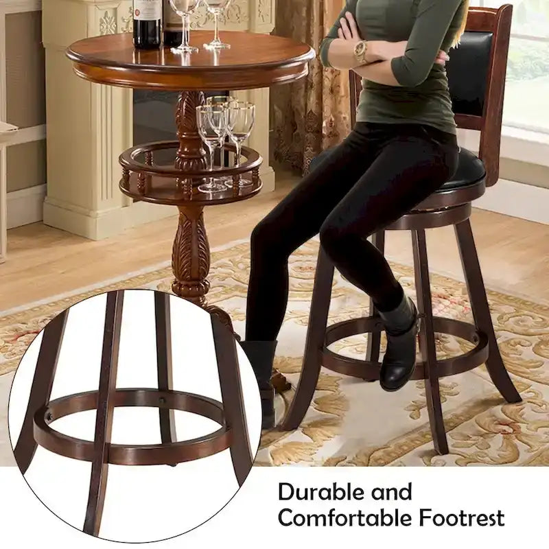 24" Swivel Counter Stool with Rubber Wood Frame and Black PVC Cushioned Seat
