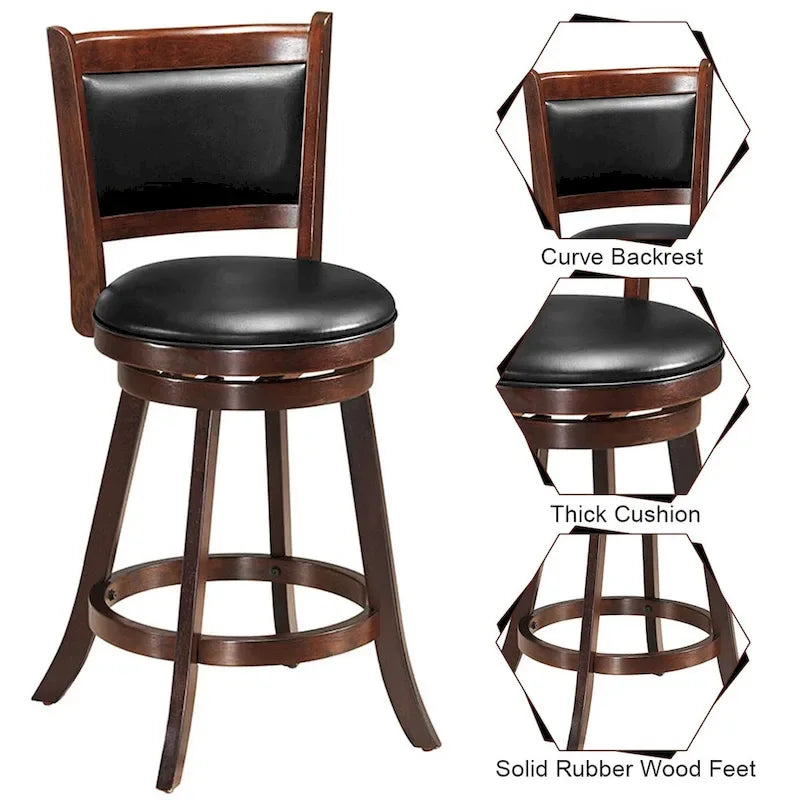 24" Swivel Counter Stool with Rubber Wood Frame and Black PVC Cushioned Seat