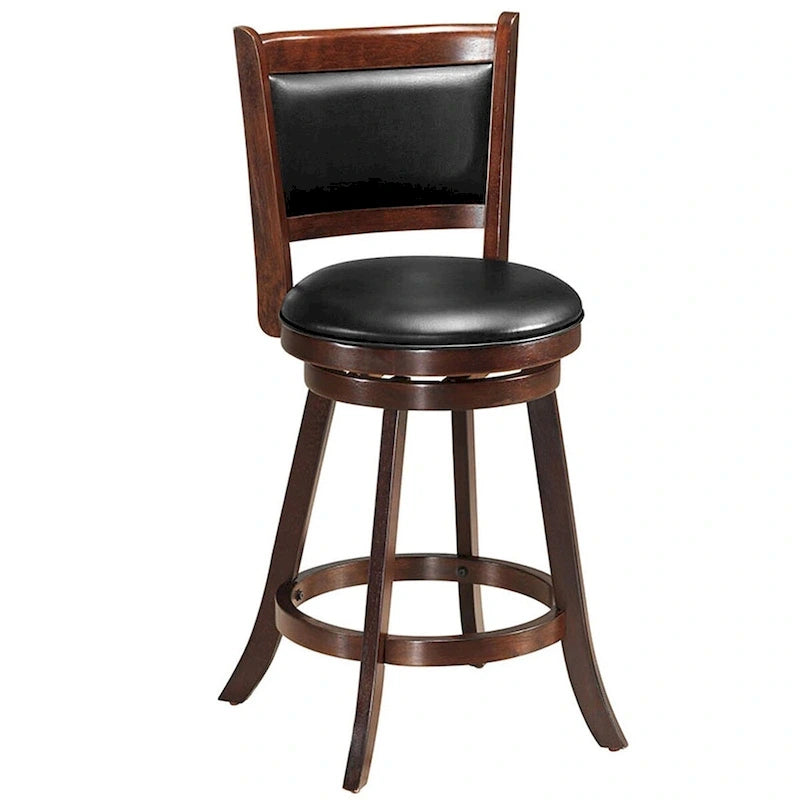 24" Swivel Counter Stool with Rubber Wood Frame and Black PVC Cushioned Seat