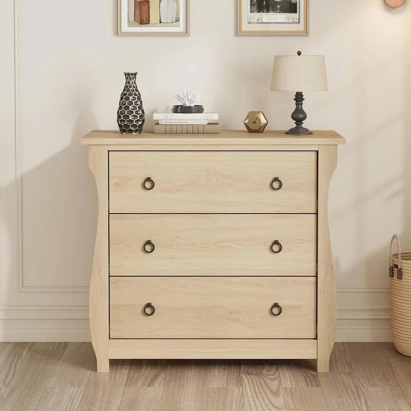 Beige Rattan 3-Drawer Dresser with Curved Legs and Natural Wood Finish