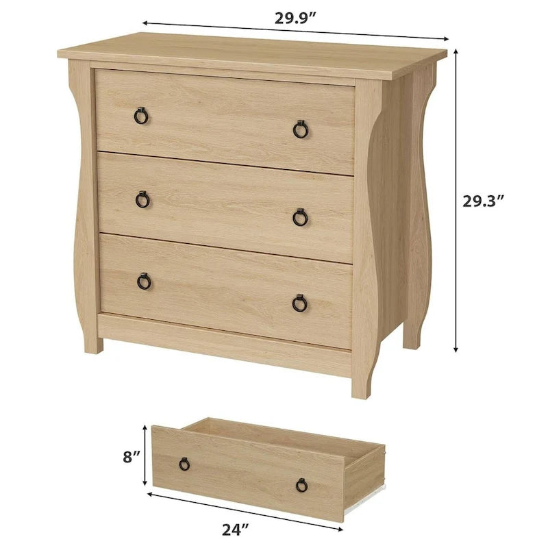 Beige Rattan 3-Drawer Dresser with Curved Legs and Natural Wood Finish