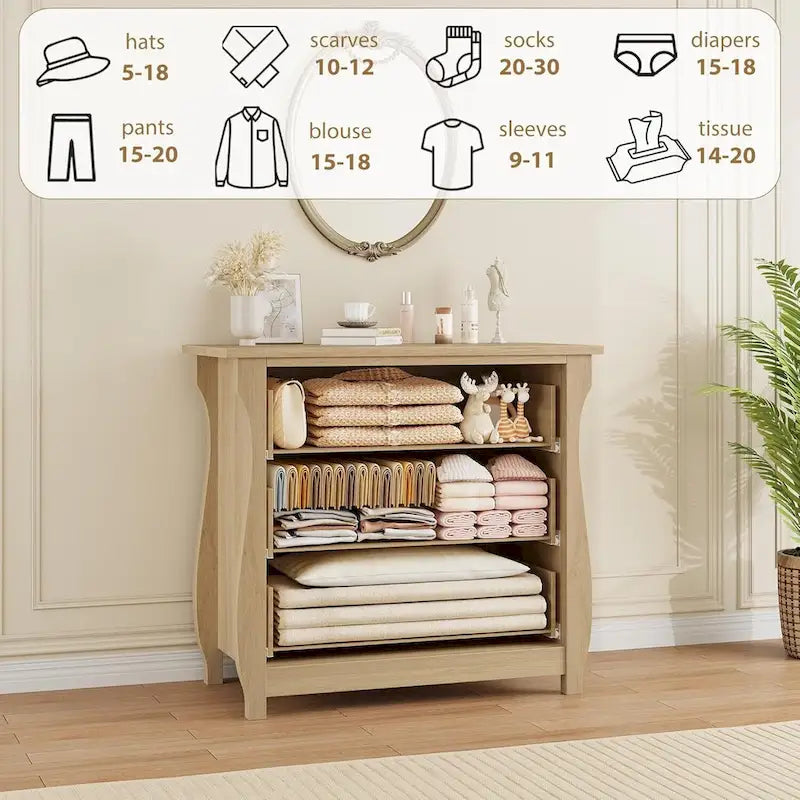 Beige Rattan 3-Drawer Dresser with Curved Legs and Natural Wood Finish