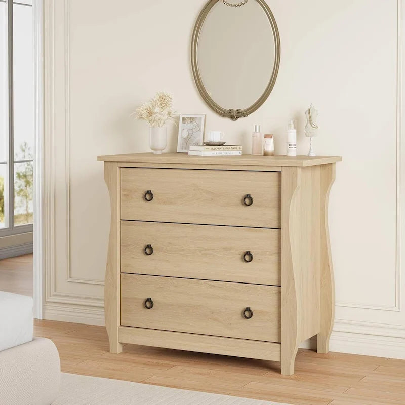Beige Rattan 3-Drawer Dresser with Curved Legs and Natural Wood Finish