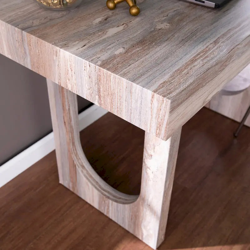 Contemporary Faux Marble Writing Desk with Geometric Cutout Legs, Brown
