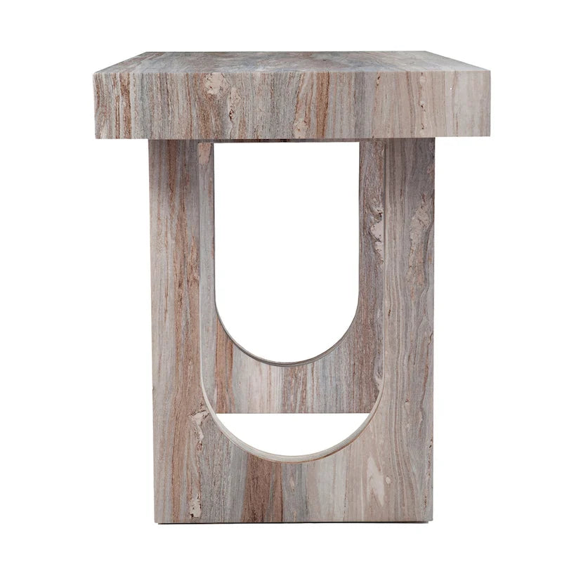 Contemporary Faux Marble Writing Desk with Geometric Cutout Legs, Brown