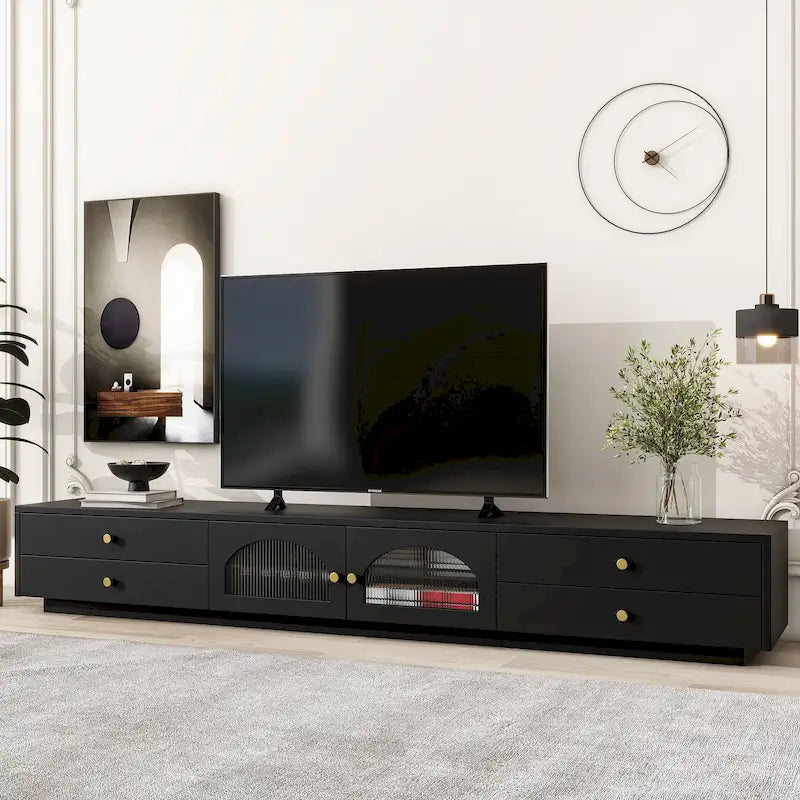 86-inch Luxurious TV Stand Media Console Fluted Glass Doors & Four Drawers - 15.70 x 86.60 x 12.80
