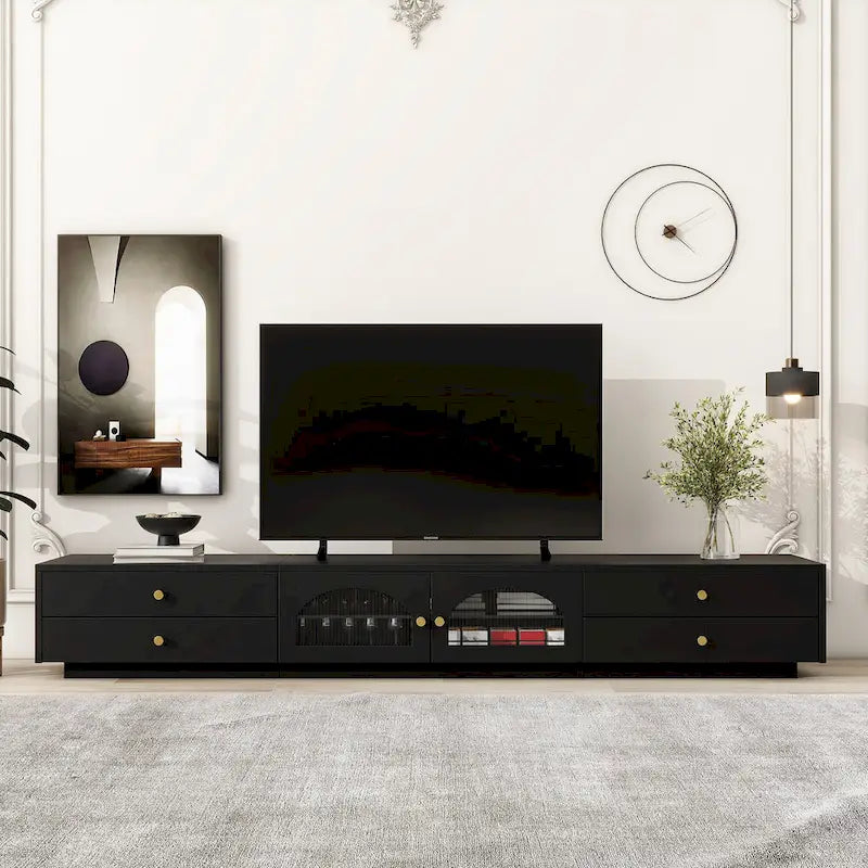 86-inch Luxurious TV Stand Media Console Fluted Glass Doors & Four Drawers - 15.70 x 86.60 x 12.80