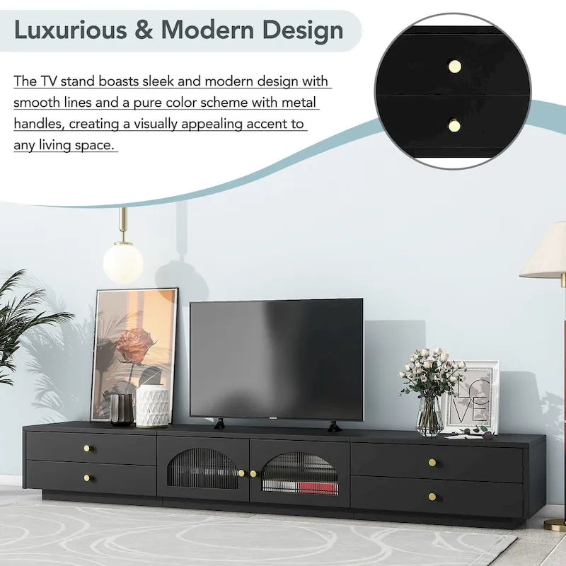 86-inch Luxurious TV Stand Media Console Fluted Glass Doors & Four Drawers - 15.70 x 86.60 x 12.80