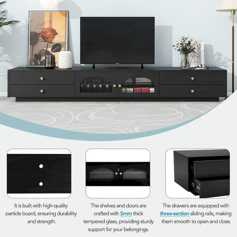 86-inch Luxurious TV Stand Media Console Fluted Glass Doors & Four Drawers - 15.70 x 86.60 x 12.80