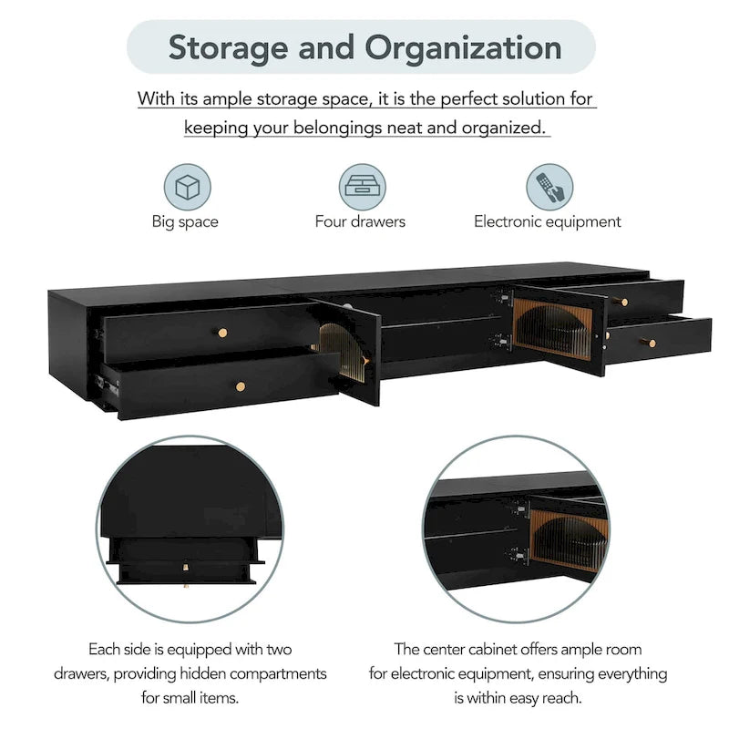 86-inch Luxurious TV Stand Media Console Fluted Glass Doors & Four Drawers - 15.70 x 86.60 x 12.80