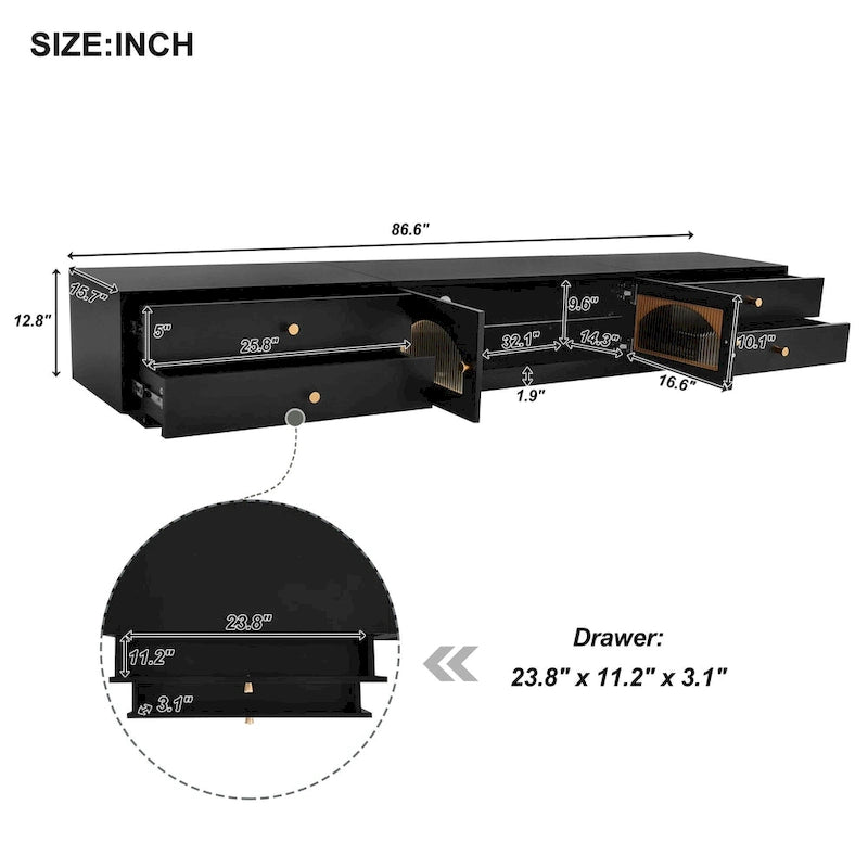 86-inch Luxurious TV Stand Media Console Fluted Glass Doors & Four Drawers - 15.70 x 86.60 x 12.80