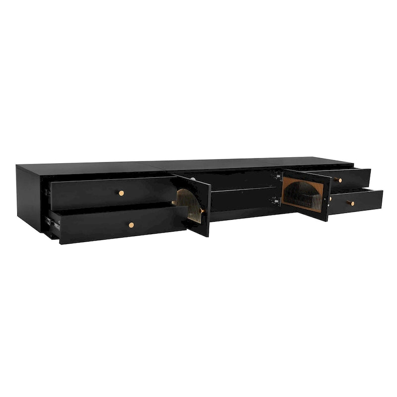 86-inch Luxurious TV Stand Media Console Fluted Glass Doors & Four Drawers - 15.70 x 86.60 x 12.80