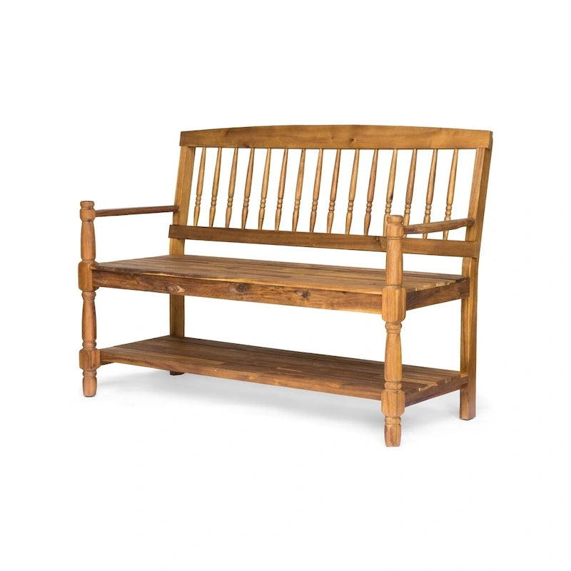 Acacia Wood Slatted Bench with Open Shelf and Spindle Backrest