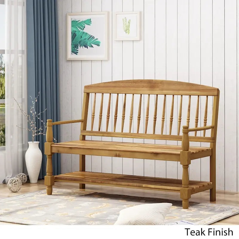 Acacia Wood Slatted Bench with Open Shelf and Spindle Backrest