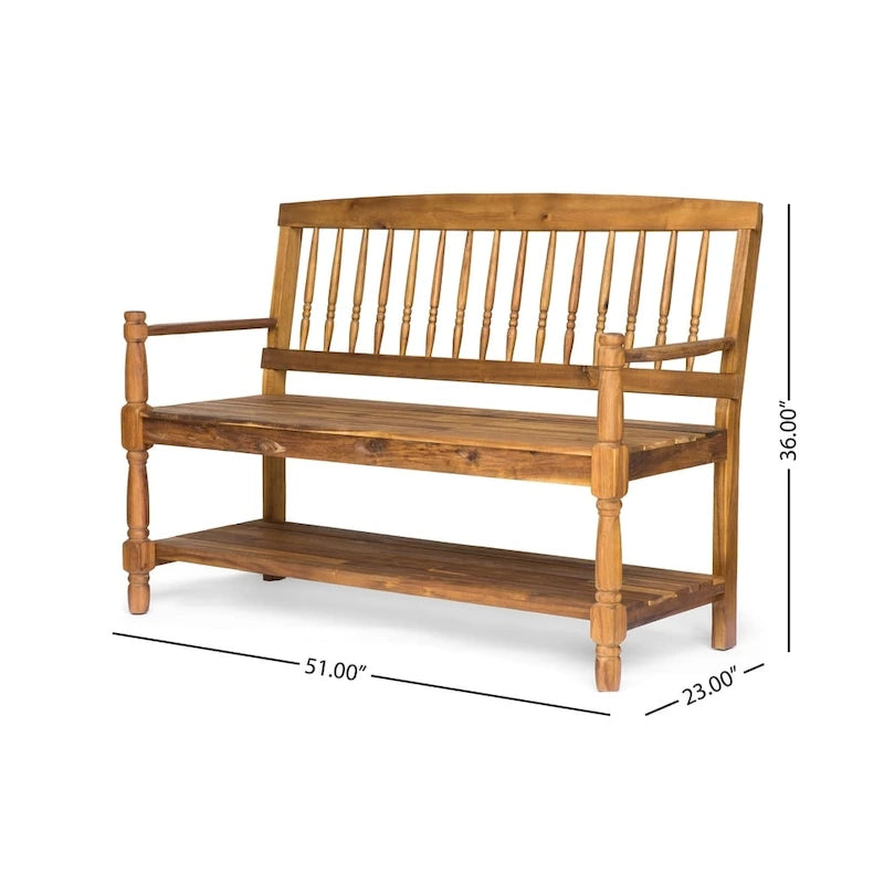 Acacia Wood Slatted Bench with Open Shelf and Spindle Backrest