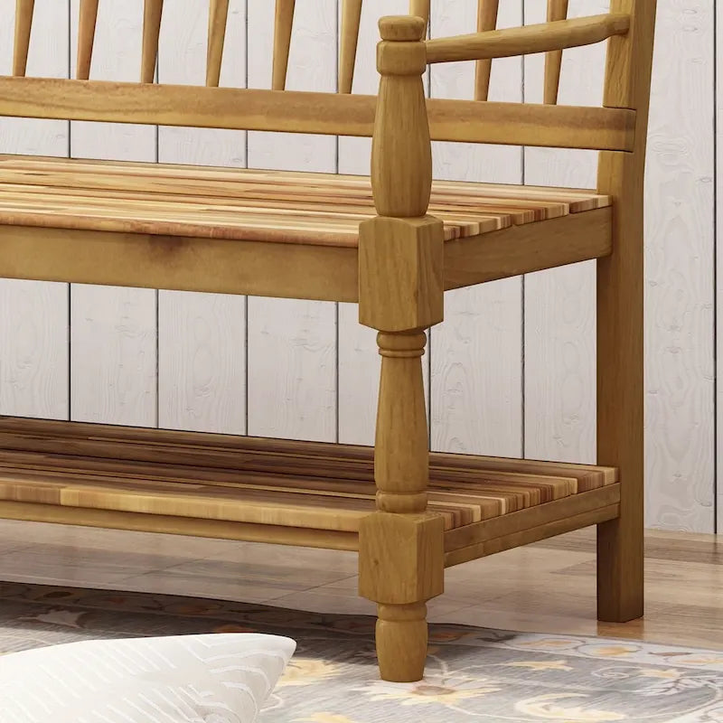 Acacia Wood Slatted Bench with Open Shelf and Spindle Backrest