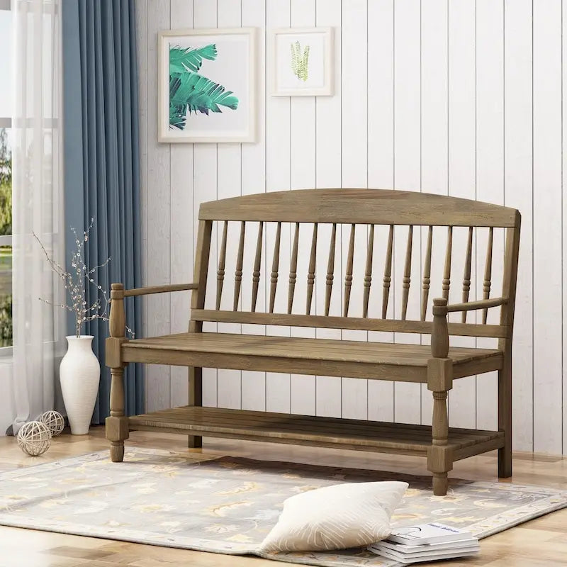 Acacia Wood Slatted Bench with Open Shelf and Spindle Backrest
