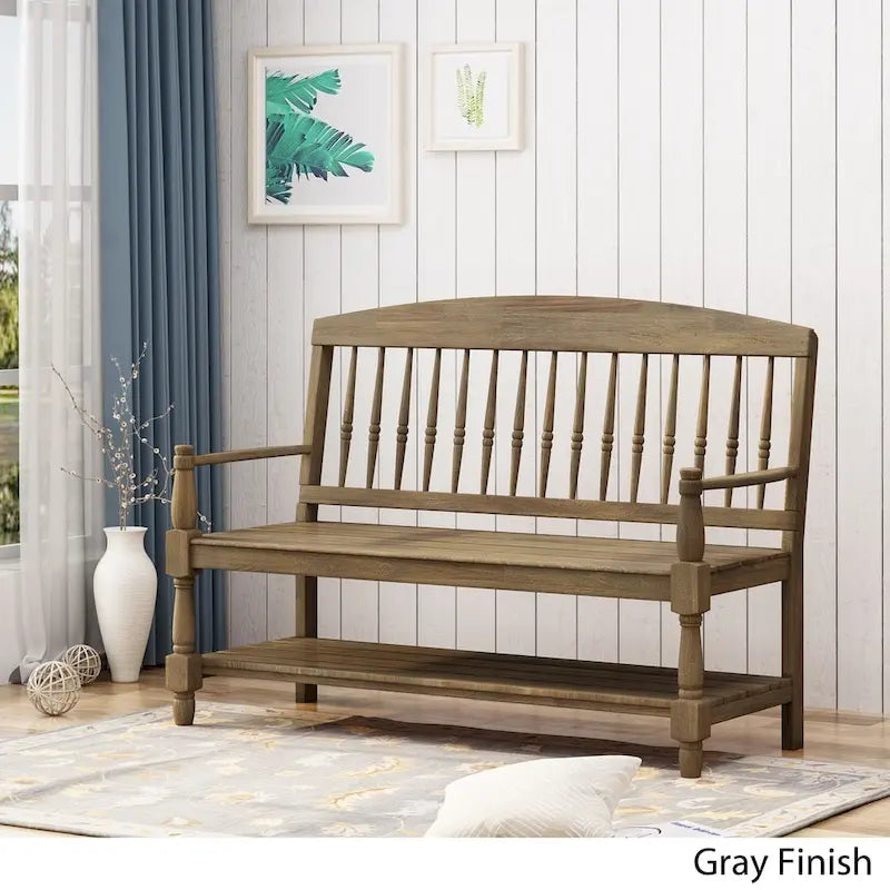 Acacia Wood Slatted Bench with Open Shelf and Spindle Backrest