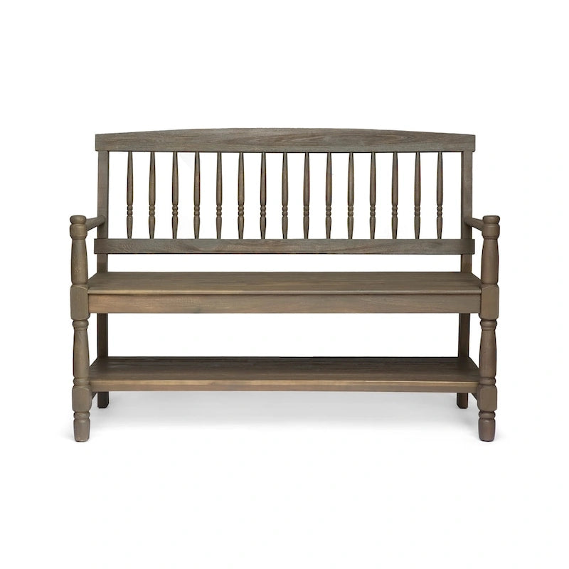 Acacia Wood Slatted Bench with Open Shelf and Spindle Backrest