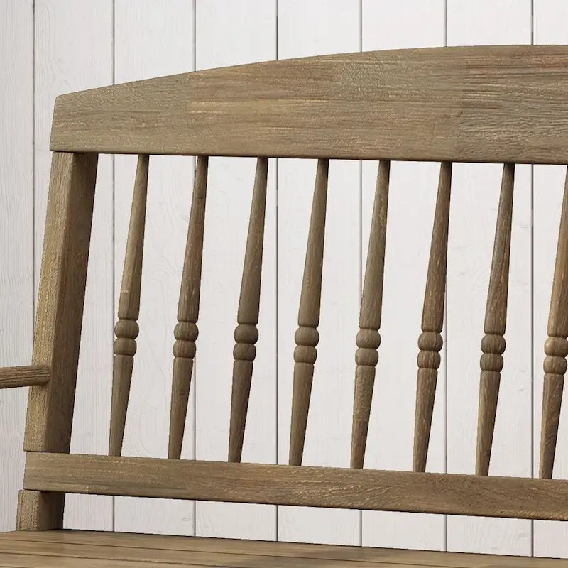 Acacia Wood Slatted Bench with Open Shelf and Spindle Backrest