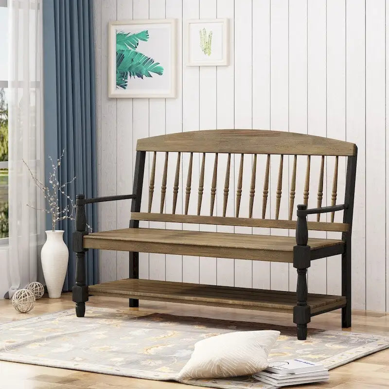 Acacia Wood Slatted Bench with Open Shelf and Spindle Backrest