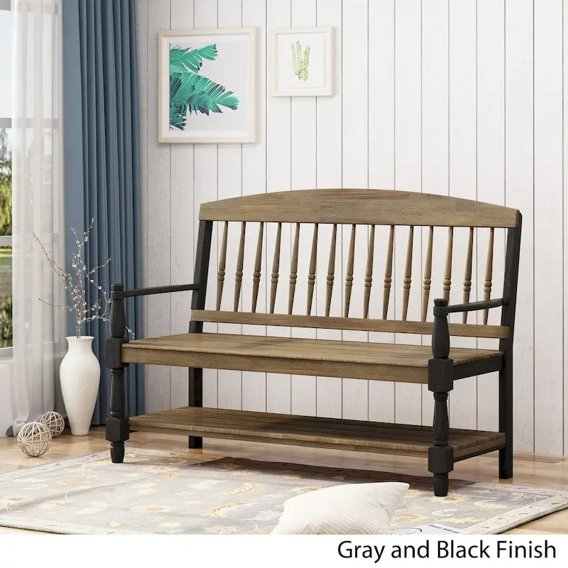 Acacia Wood Slatted Bench with Open Shelf and Spindle Backrest