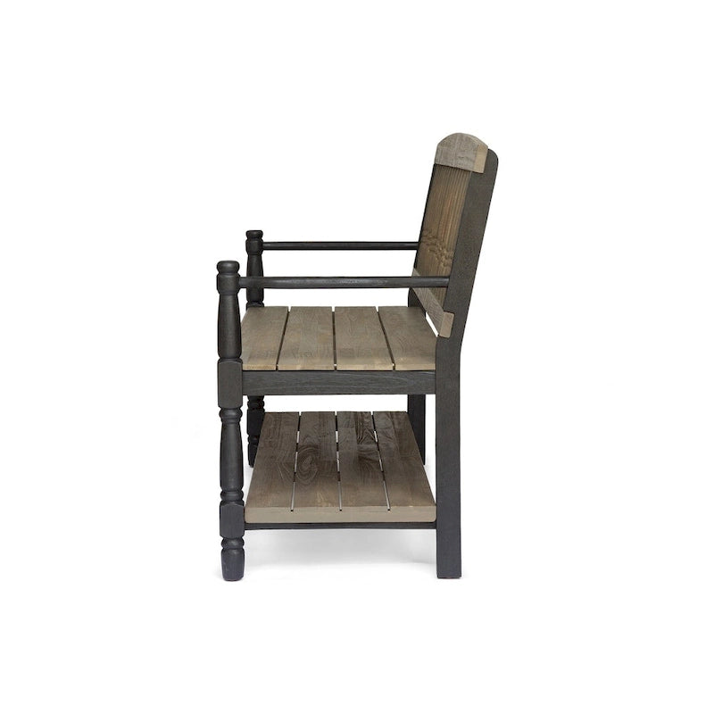 Acacia Wood Slatted Bench with Open Shelf and Spindle Backrest