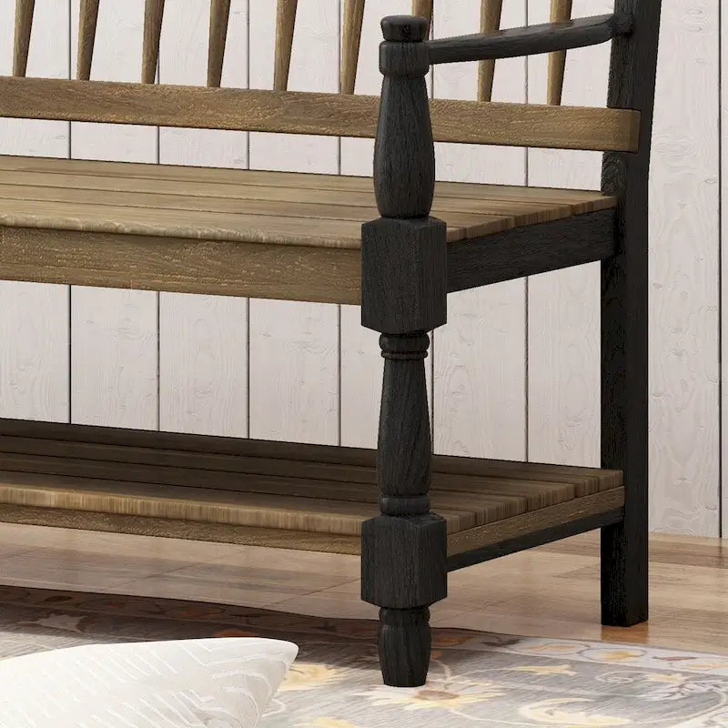 Acacia Wood Slatted Bench with Open Shelf and Spindle Backrest
