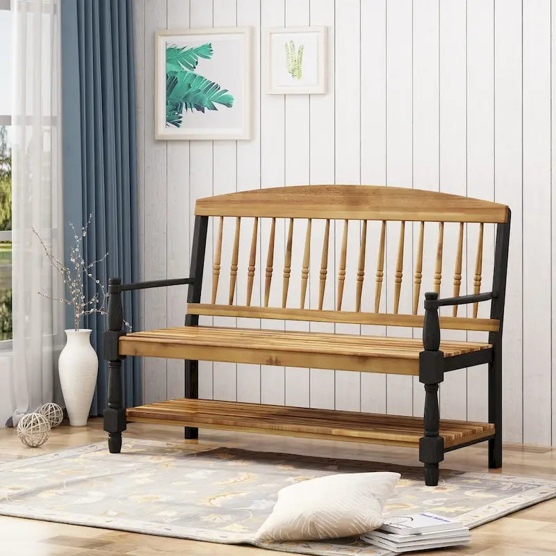 Acacia Wood Slatted Bench with Open Shelf and Spindle Backrest