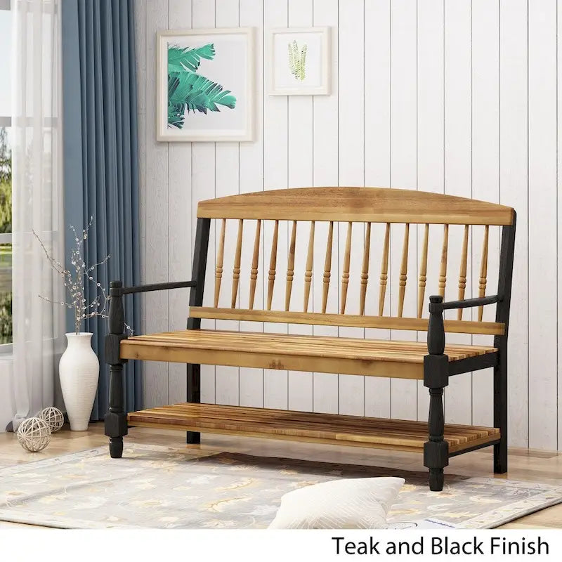 Acacia Wood Slatted Bench with Open Shelf and Spindle Backrest