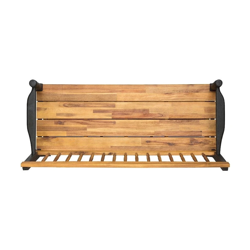 Acacia Wood Slatted Bench with Open Shelf and Spindle Backrest