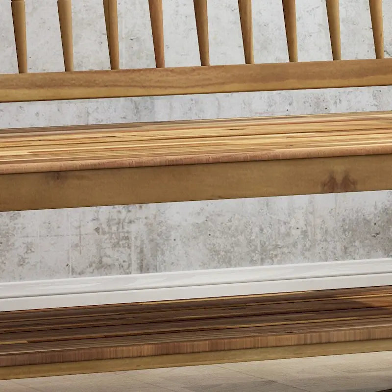 Acacia Wood Slatted Bench with Open Shelf and Spindle Backrest