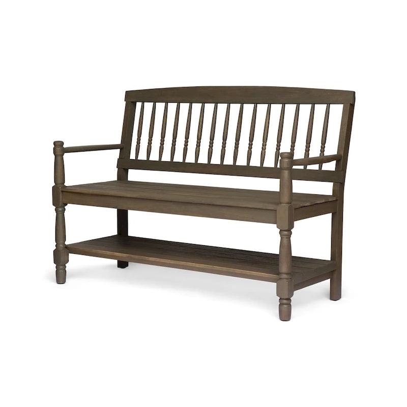 Acacia Wood Slatted Bench with Open Shelf and Spindle Backrest