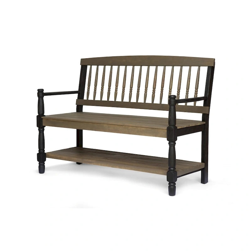 Acacia Wood Slatted Bench with Open Shelf and Spindle Backrest