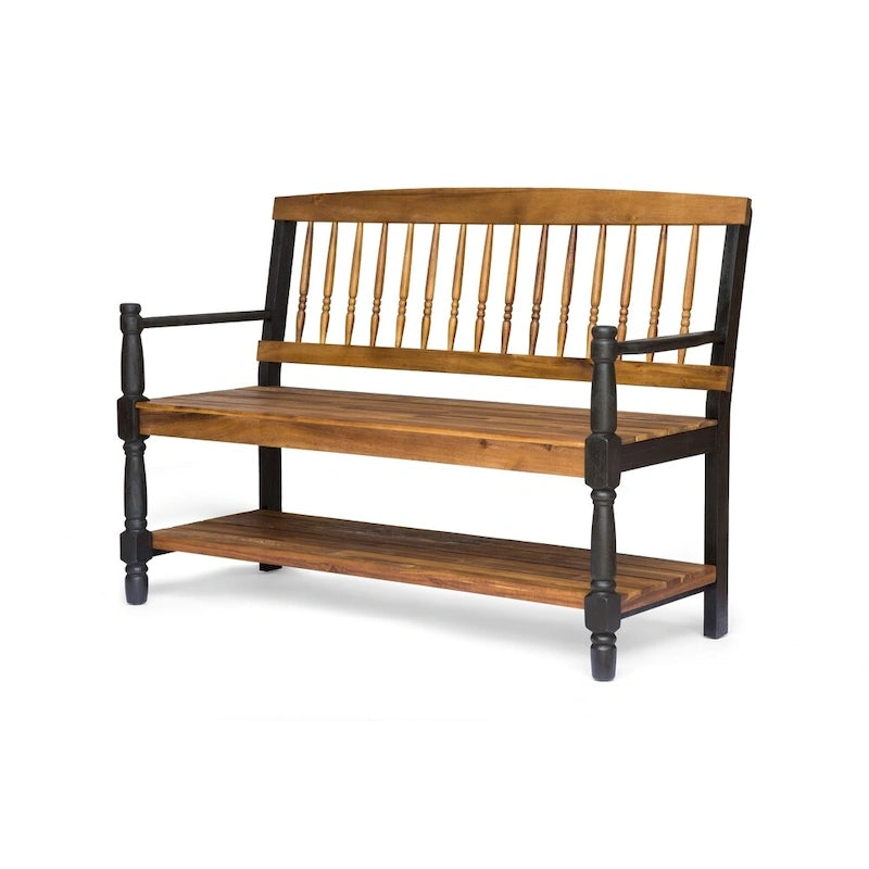 Acacia Wood Slatted Bench with Open Shelf and Spindle Backrest