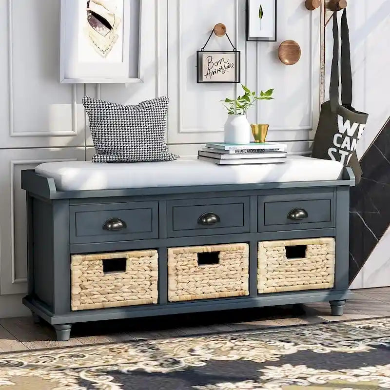 Rustic Storage Bench with 3 Drawers and 3 Rattan Baskets, Shoe Bench for Living Room, Entryway